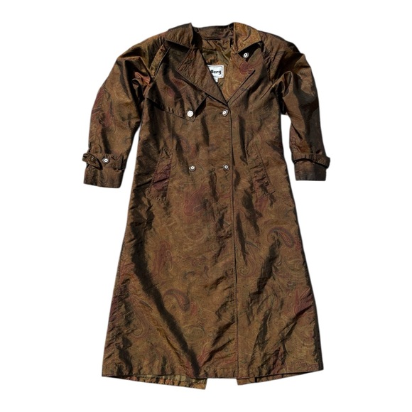 vintage 1990s brown paisley trench coat with several buttons and pockets - Picture 1 of 5